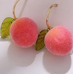 Pink Sugared Fuzzy 3D Honey Peach Hoop Earrings Peaches Hoops Summer Fruit Cute